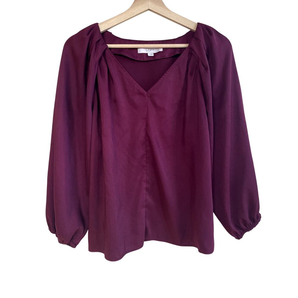 LOFT deep red v-neck blouse puffed sleeves long sleeves women's size S holiday
